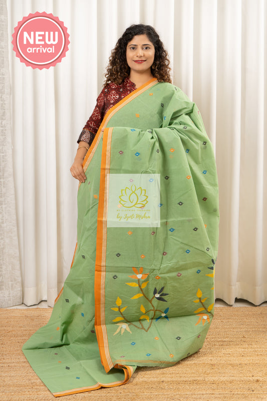 Handwoven Pure Cotton Jamdani Saree- Pastel Green Saree
