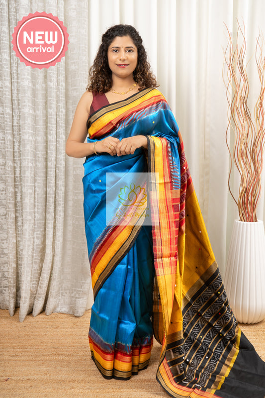 Kathifera Triple Border Ikkat Khandua Silk Saree - Blue Saree