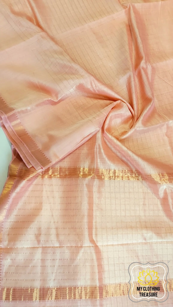 Mangalagiri Silk Cotton Saree With Gold Zari Checks - Rose