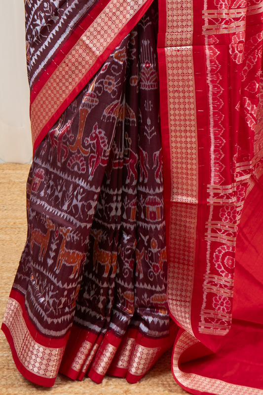 Exclusive Sambalpuri Pure Silk Saree - Coffee- Red