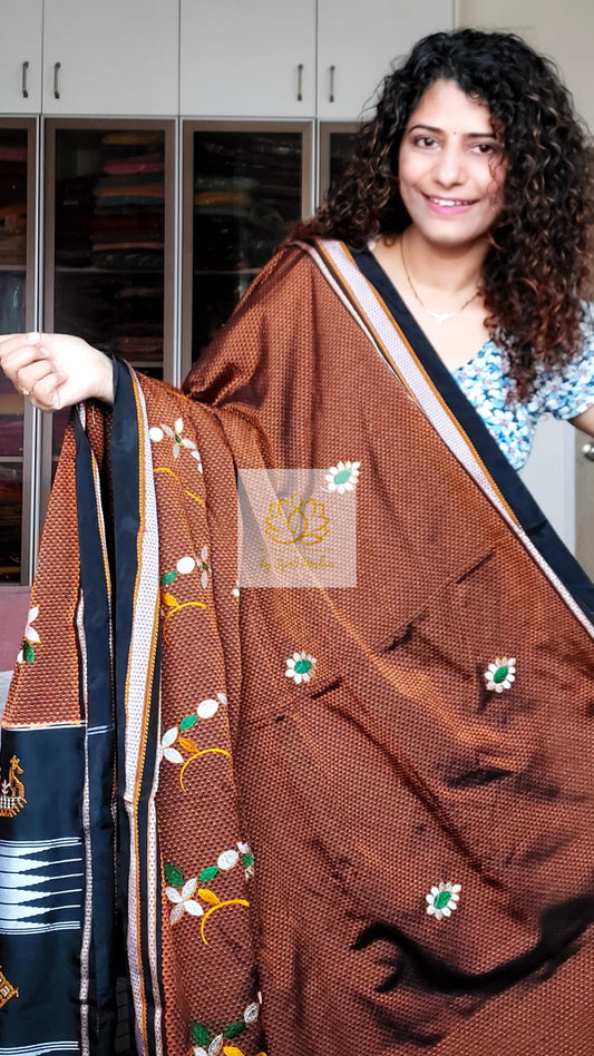 Nath Embroidery Traditional Black Border Khun Saree - Brown