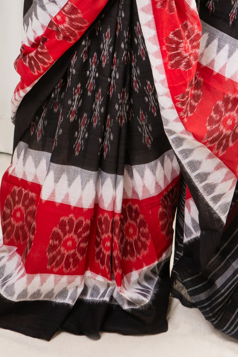 Odisha Ikkat Khandua Cotton Saree - Black-White-Red