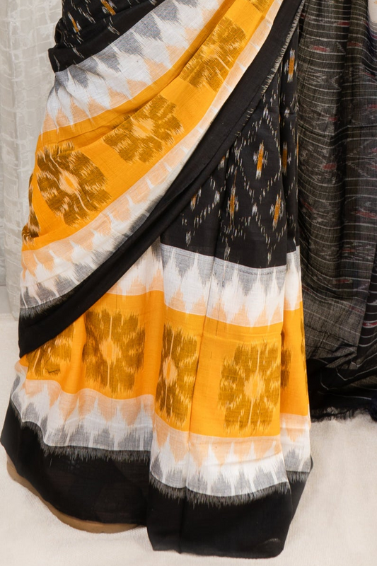 Odisha Ikkat Khandua Cotton Saree - Black-White-Yellow