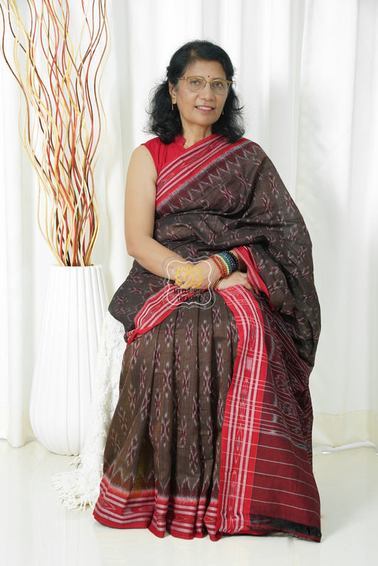 Odisha Ikkat Khandua Cotton Saree - Brown Red