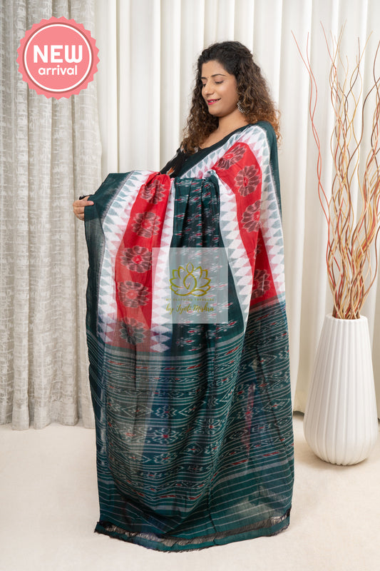 Odisha Ikkat Khandua Cotton Saree - Green-White-Red