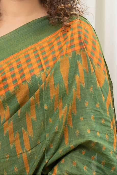 Odisha Ikkat Khandua Cotton Saree- Orange and Henna