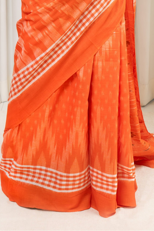 Odisha Ikkat Khandua Cotton Saree- Orange and White
