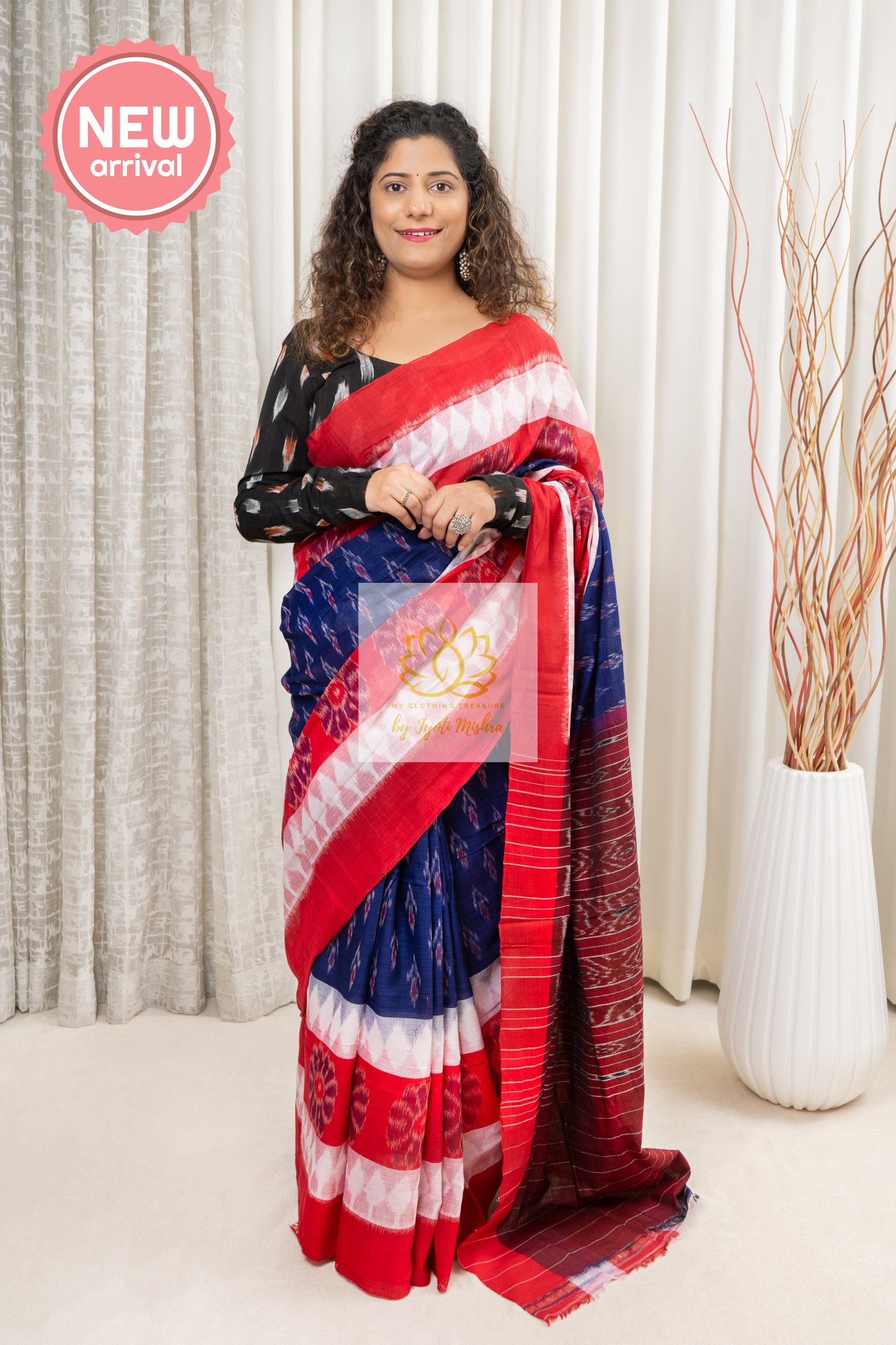 Odisha Ikkat Khandua Cotton Saree - Red-White-Blue