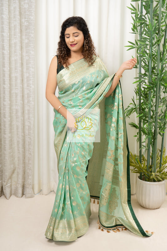 Organza Banarasi Saree- Pastel Green Saree
