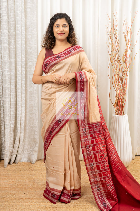 Pasapali Border Odisha Ikkat Khandua Cotton Saree - Beige-Maroon Saree