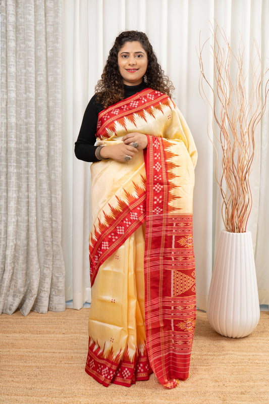Pasapali Border Khandua Ikkat Silk Saree - Butter Cream