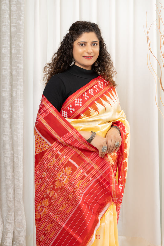 Pasapali Border Khandua Ikkat Silk Saree - Butter Cream
