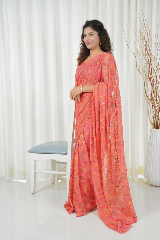 Multi Color Thread Tepchi Work Chikankaari - Peachy Pink