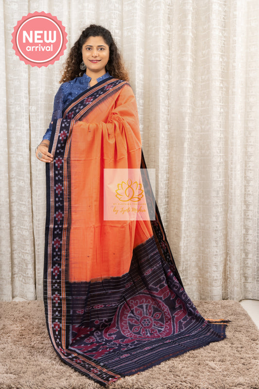 Plain Body Khandua Cotton Saree -Peachy Orange Saree