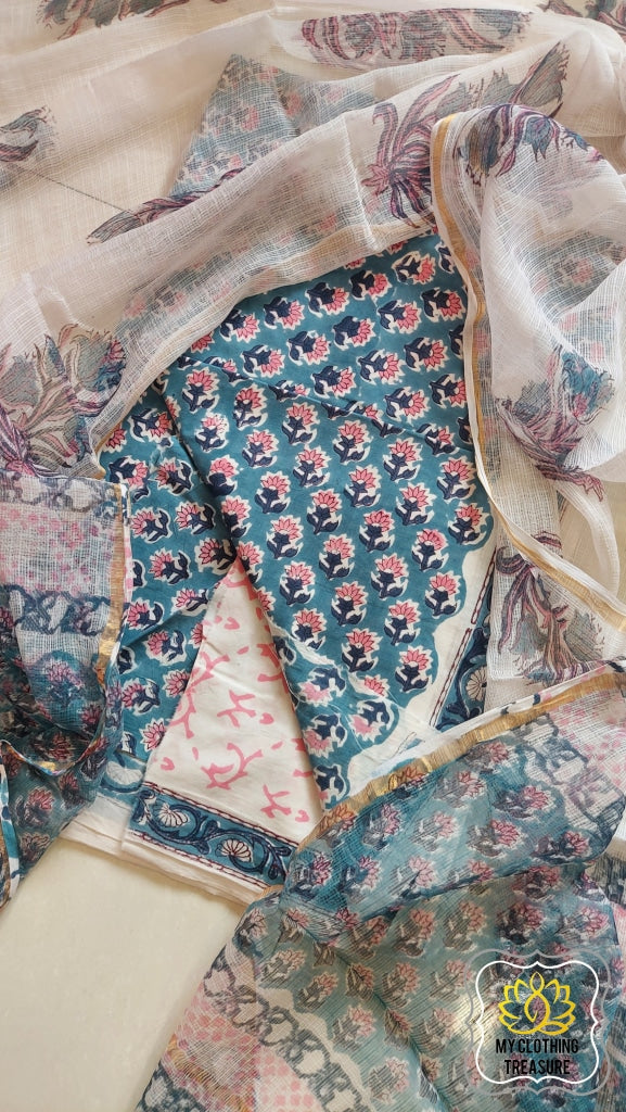 Pure Cotton Hand Block Print 3 Piece Dress Material With Kota Doria Dupatta Blue-Pink