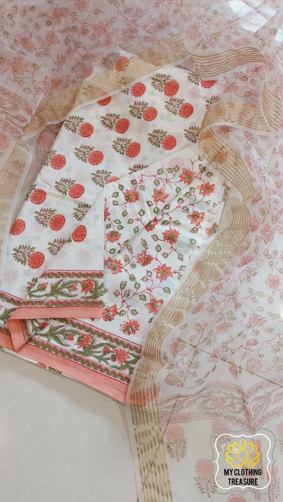 Pure Cotton Hand Block Print 3 Piece Dress Material With Organza Dupatta Ivory-Peach