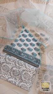 Pure Cotton Hand Block Print 3 Piece Dress Material With Organza Dupatta Ivory-Sea Green