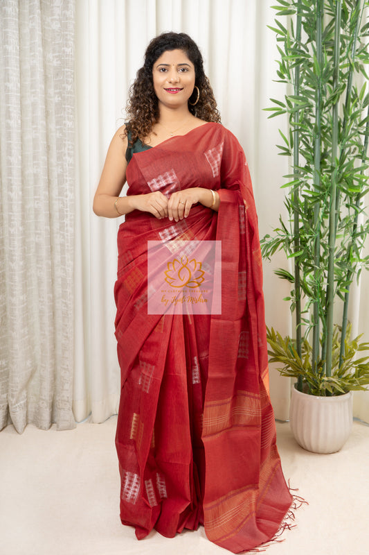 Pure Desi Tussar Silk Saree With Zari Weaving - Rusty Red