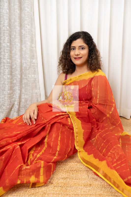 Pure Kota Cotton Hand Tie and Dye Shibori Saree- Red-Yellow Saree
