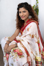 Load image into Gallery viewer, Pure Linen Floral Saree In White-Red
