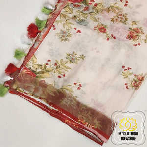 Pure Linen Floral Saree In White-Red