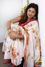 Load image into Gallery viewer, Pure Linen Floral Saree In White-Red
