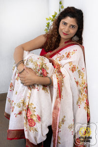 Pure Linen Floral Saree In White-Red