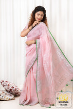 Load image into Gallery viewer, Pure Linen Saree With Sequin Handwork - Pink
