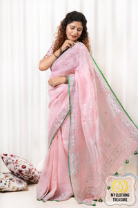Pure Linen Saree With Sequin Handwork - Pink