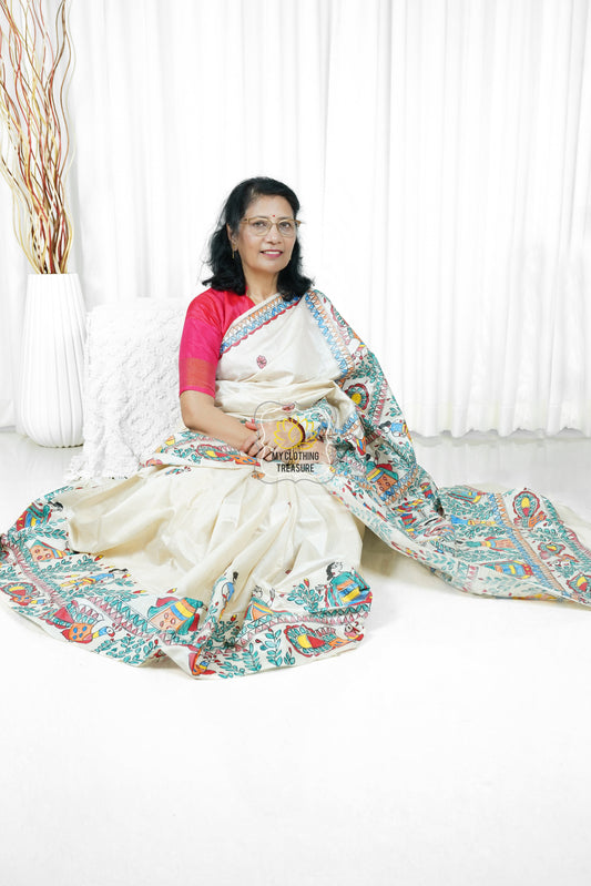 Pure Tussar Silk Madhubani Hand Painted Saree - Natural