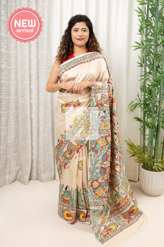 Pure Tussar Silk Madhubani Hand Painted Saree - Natural