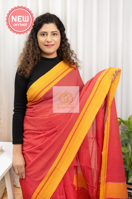 Red Patteda Anchu Cotton Saree With Yellow Border