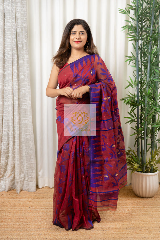Resham Blended Sequins Jamdani- Maroon Saree