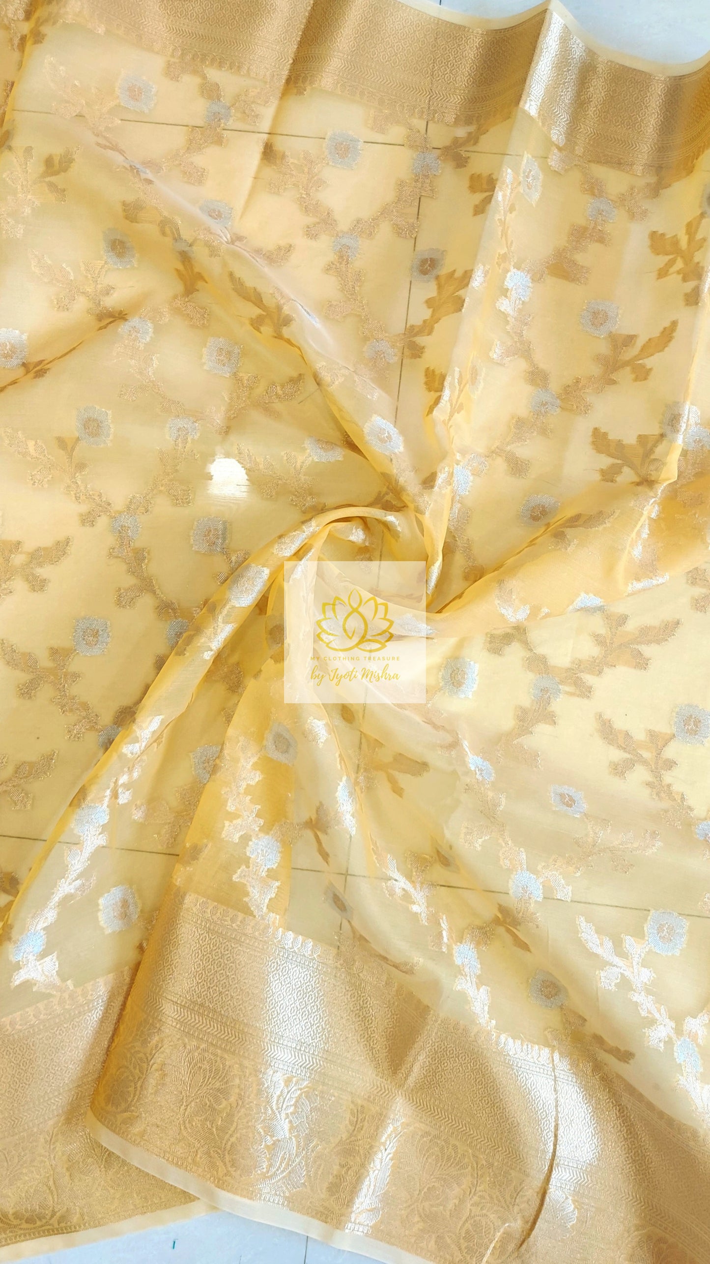 Semi Organza Banarasi Saree- Yellow Saree