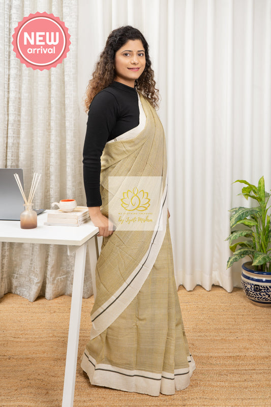 Yellow Patteda Anchu Cotton Saree With Off White Border