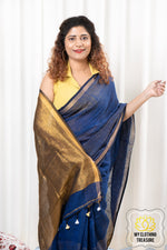 Load image into Gallery viewer, Zari Border Linen Saree - Royal Blue
