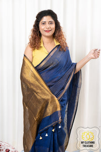 Zari Border Linen Saree - Royal Blue