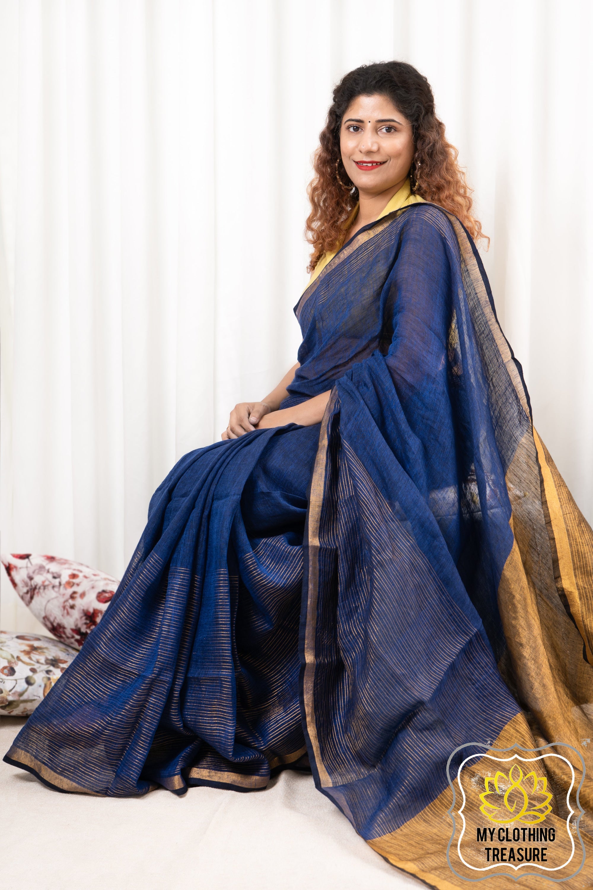 Zari Border Linen Saree - Royal Blue