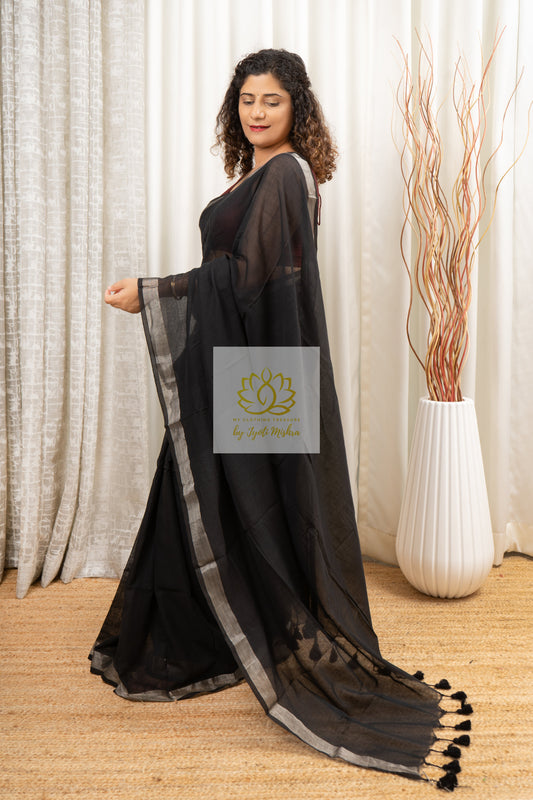 Zari Border Mulmul - Black Saree