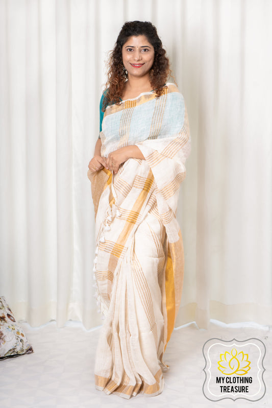 Zari Border Striped Linen Saree - Creamy White
