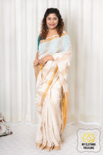 Load image into Gallery viewer, Zari Border Striped Linen Saree - Creamy White
