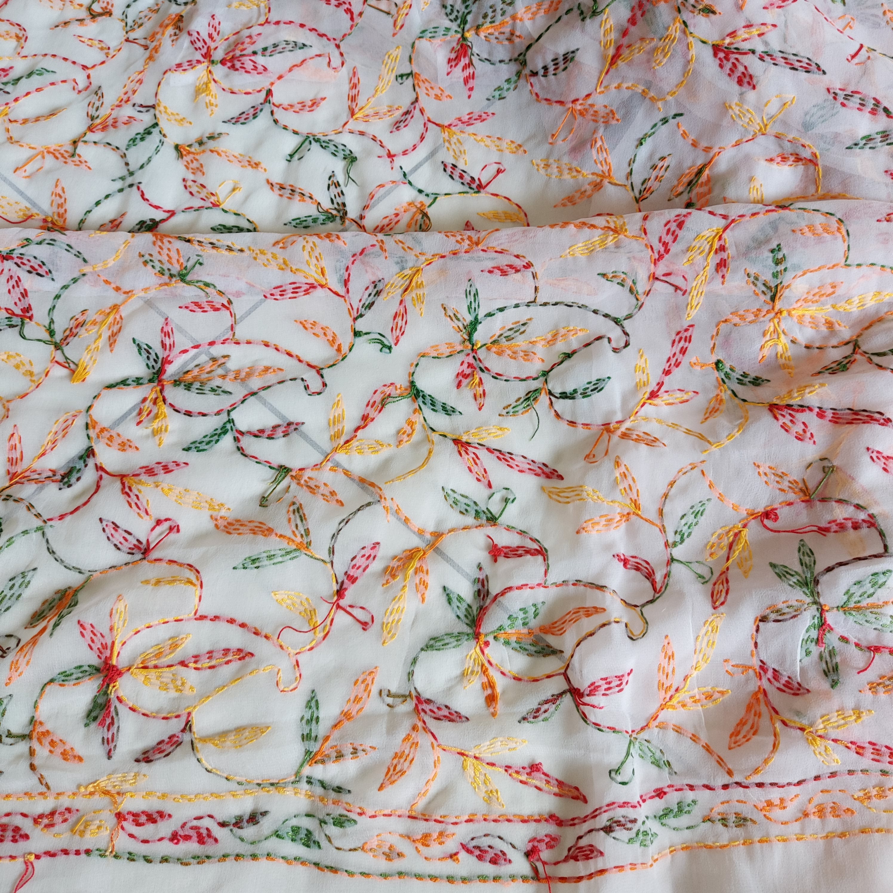 Multi Color Thread Tepchi Work Chikankaari Saree- White