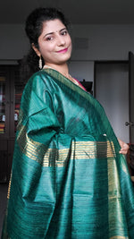 Load image into Gallery viewer, Pure Ghichha Tussar Silk With Zari Border- Bottle Green
