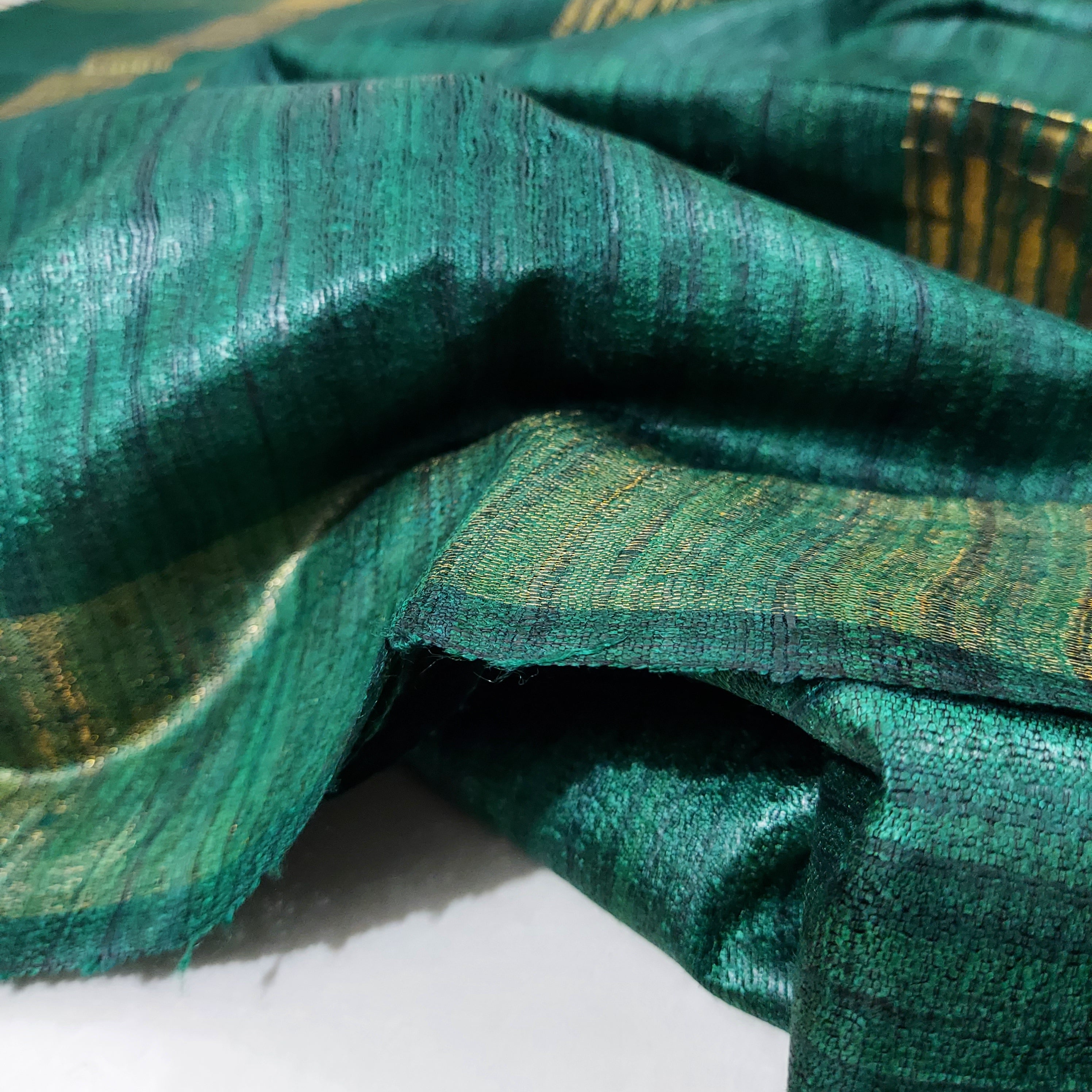 Pure Ghichha Tussar Silk With Zari Border- Bottle Green