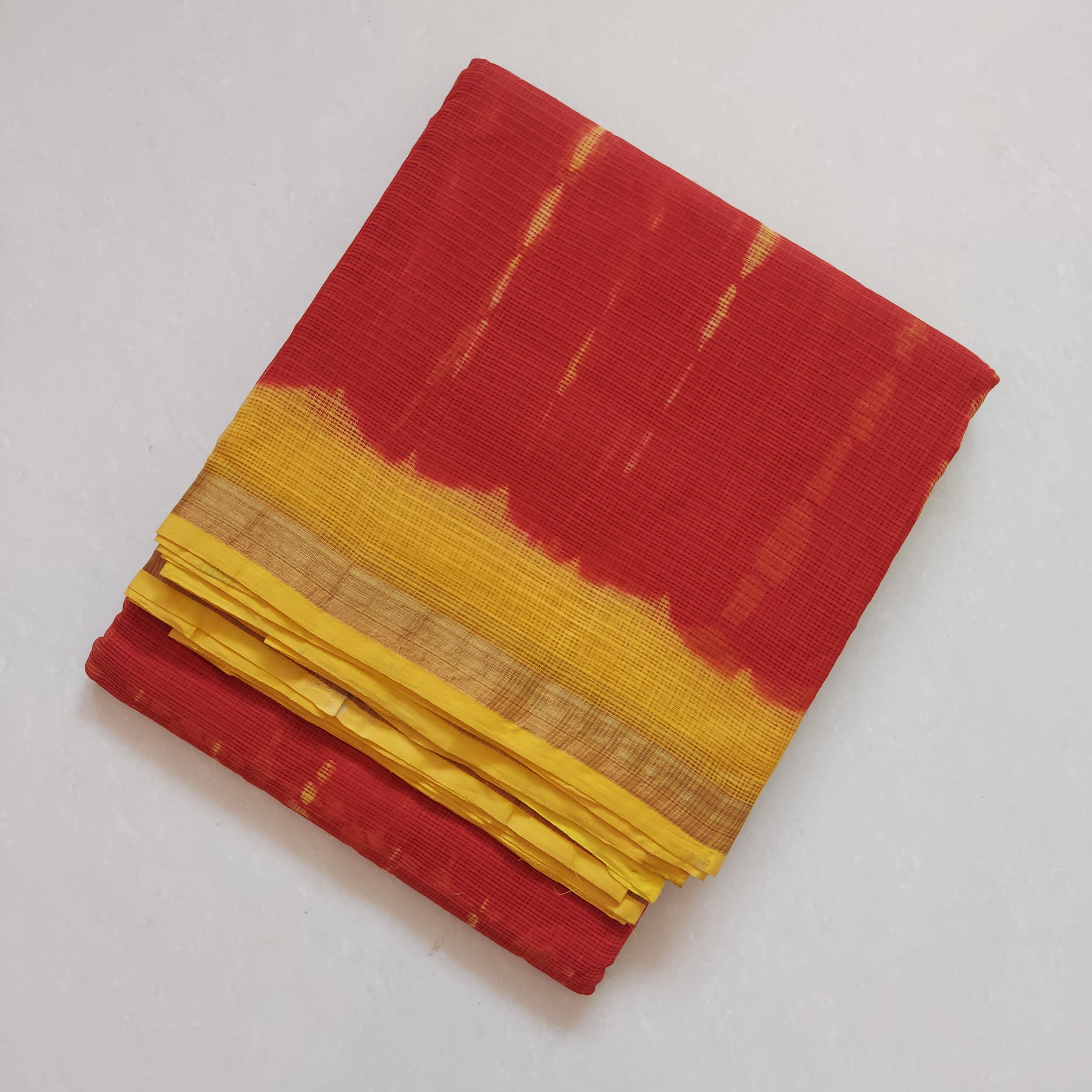 Pure Kota Cotton Hand Tie and Dye Shibori Saree- Red-Yellow