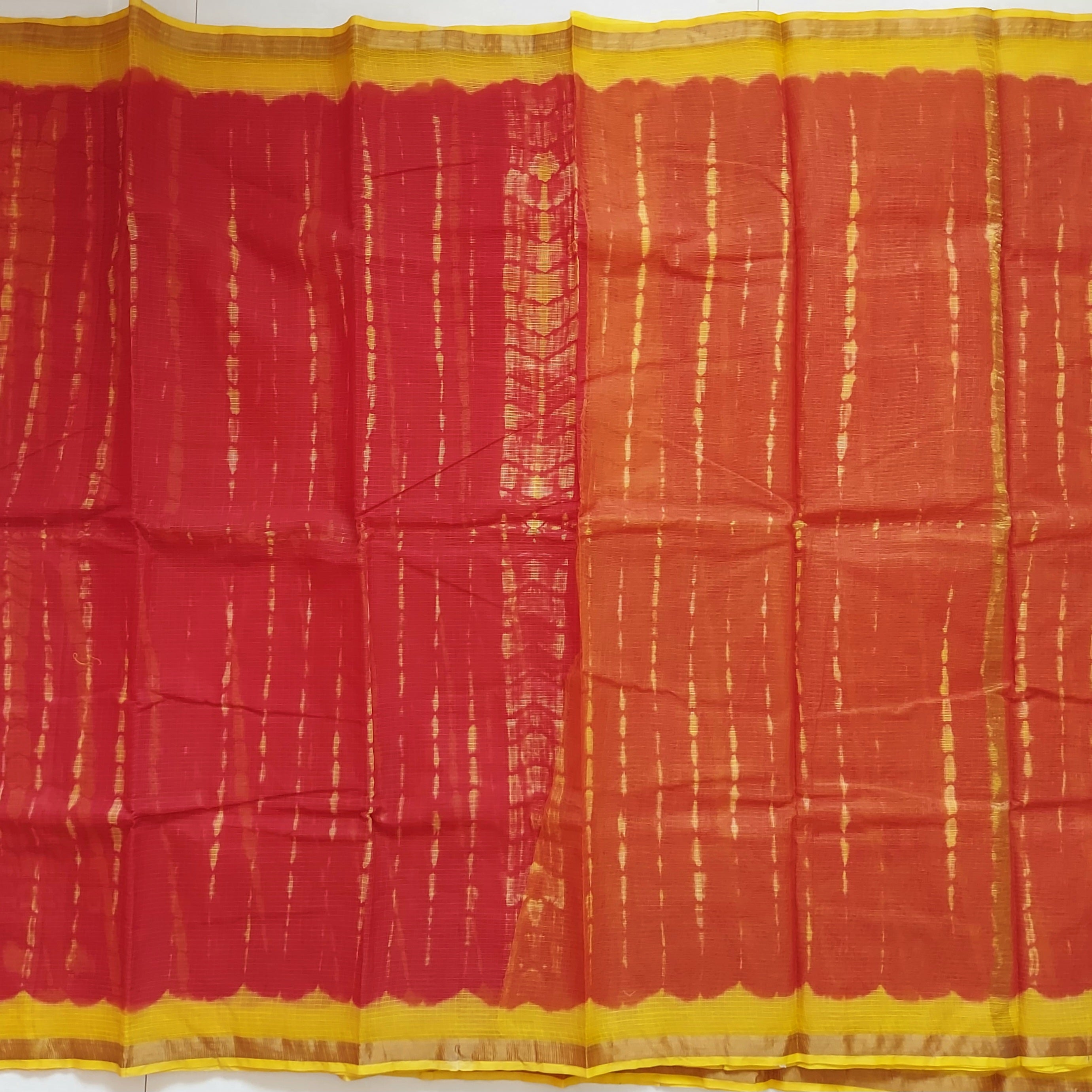 Pure Kota Cotton Hand Tie and Dye Shibori Saree- Red-Yellow