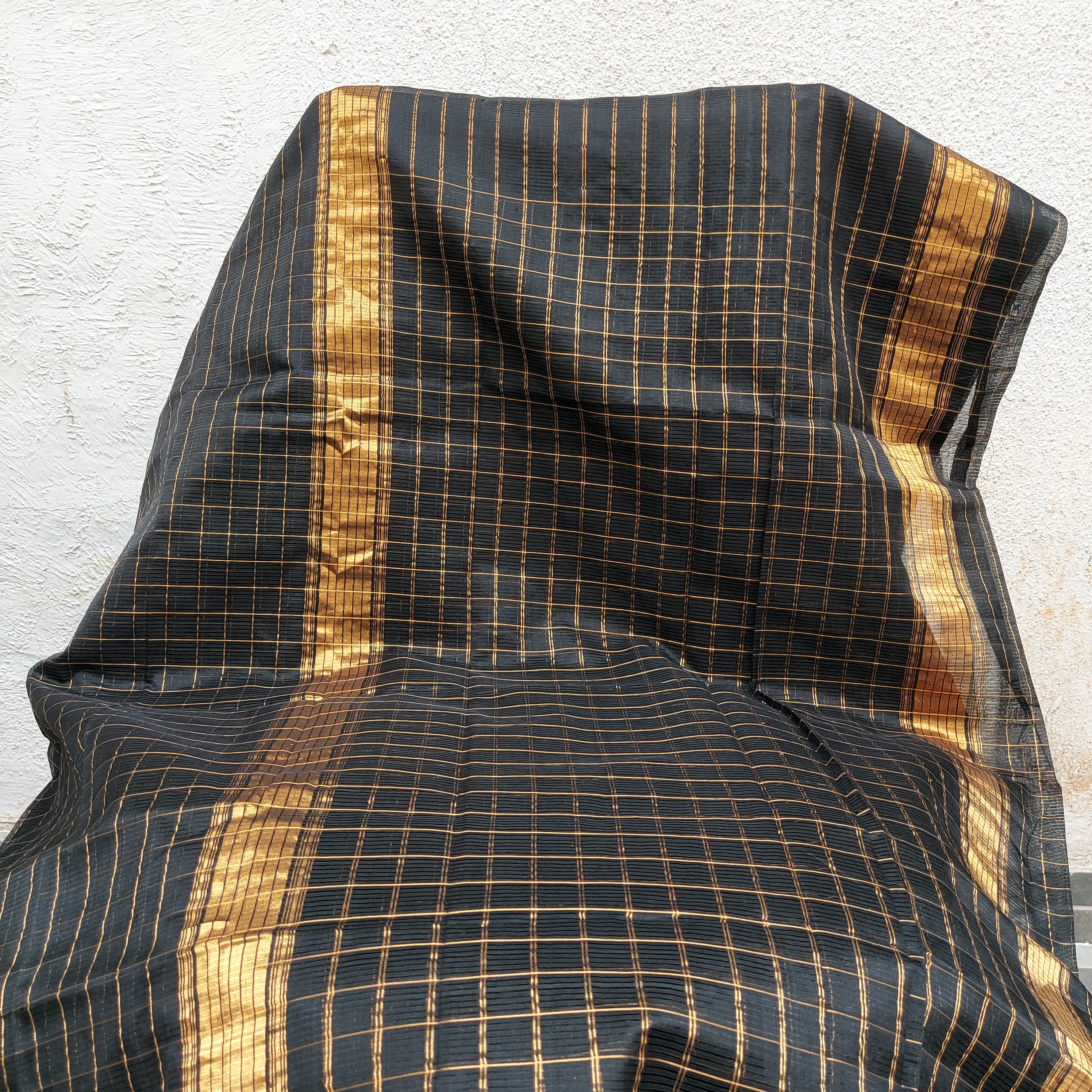 Mangalagiri Silk Cotton Saree With Gold Zari Checks - Black