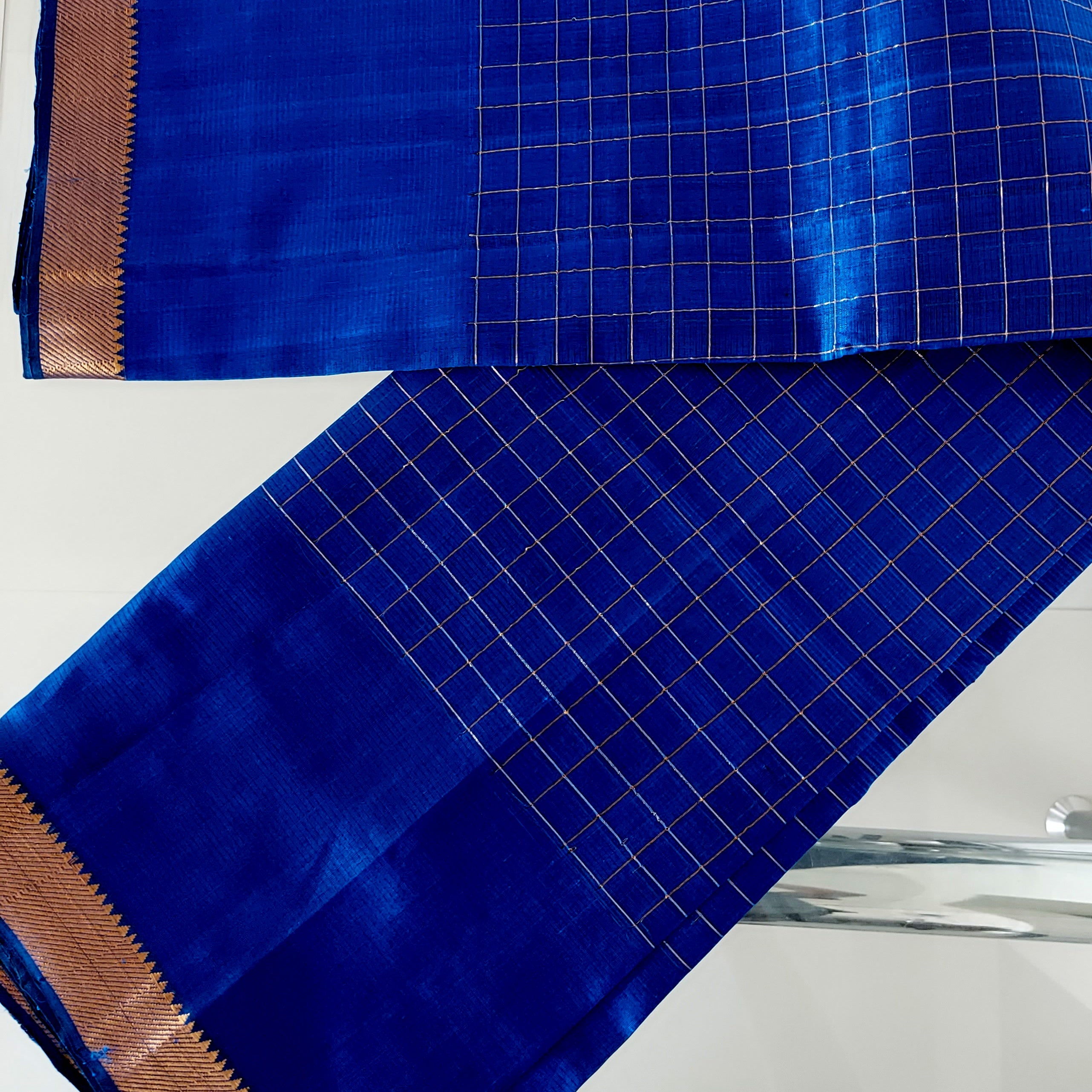 Mangalagiri Silk Cotton Saree With Gold Zari Checks - Royal Blue