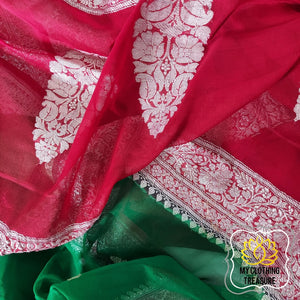 Banarasi Chiffon Saree- Green & Red Saree