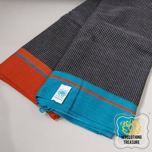 Black Patteda Anchu Cotton Saree With Ganga Jamuna Border-Orange-Blue